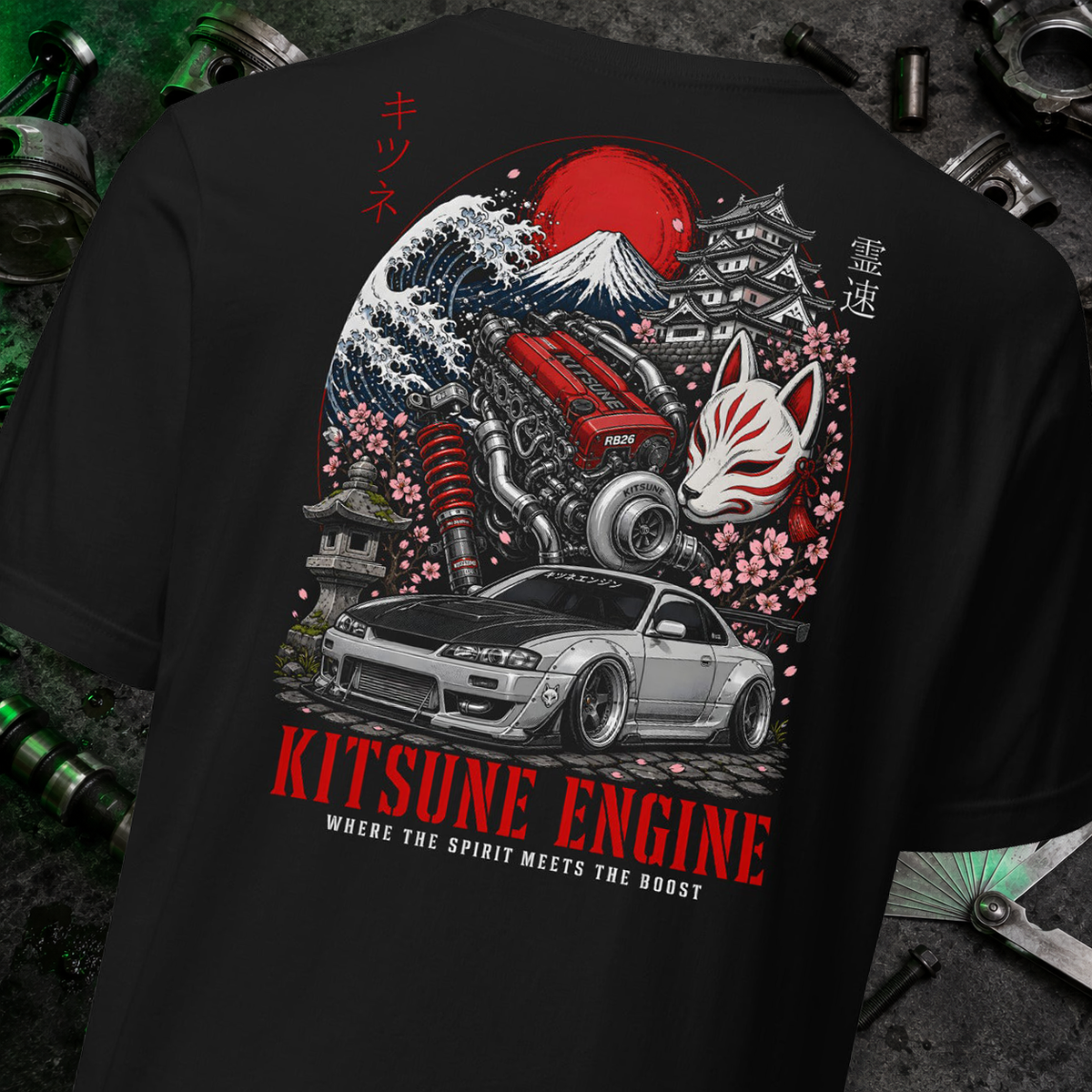 Kitsune Engine – JDM Drift Culture T-Shirt Back Print