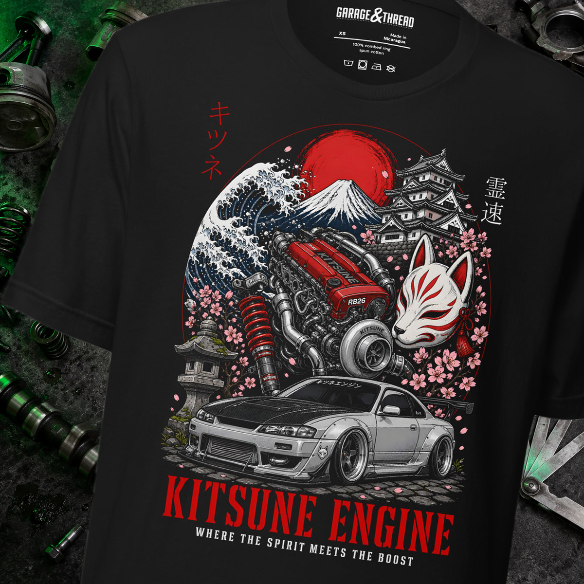 Kitsune Engine – JDM Drift Culture T-Shirt Front Print